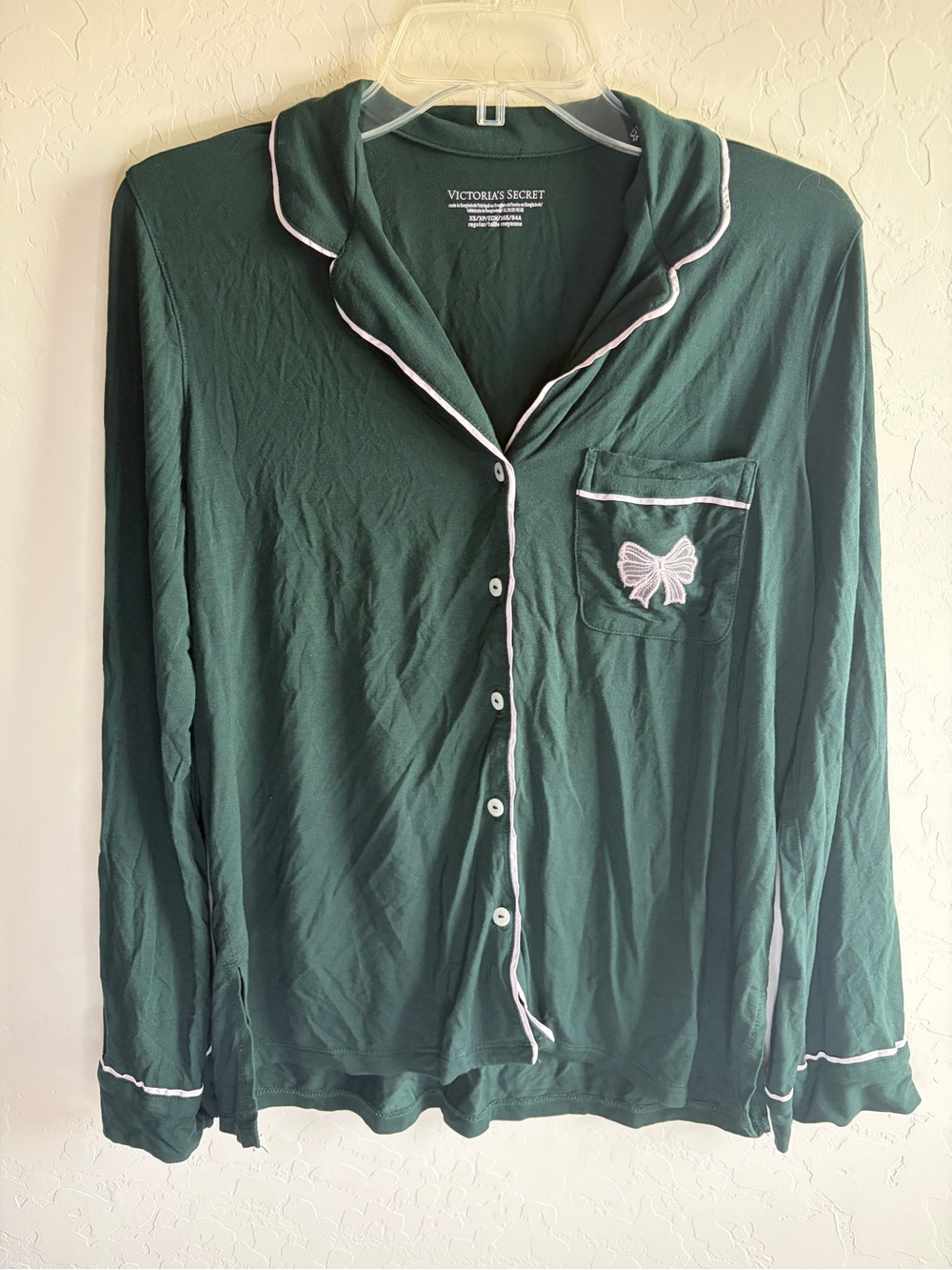 Victoria's Secret Dark Green Long Sleeve Pajama set with Pink Piping